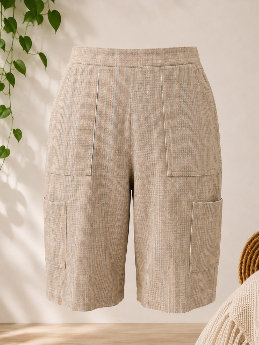 Flax 100% Linen Plaid Bermuda Cargo Shorts in Neutral Tan With Blue